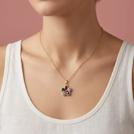 [AC-CDD-249] Collar en Acero Inoxidable dorado flor cirstales colores
